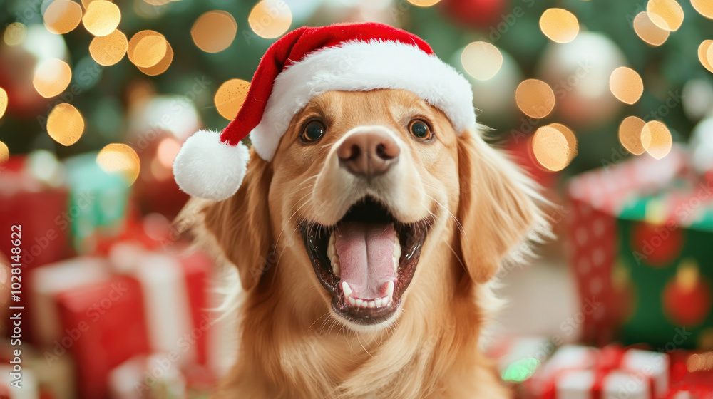 cheerful dog wearing Santa hat smiles joyfully in front of beautifully decorated Christmas tree, surrounded by colorful presents. cheerful dog wearing Santa hat smiles joyfully in front of beautifully decorated Christmas tree, surrounded by colorful presents.
