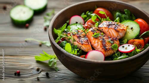 Vibrant grilled salmon salad bowl with fresh vegetables and greens on rustic wooden table. Colorful mix of cucumber, radish, and tomatoes for a healthy meal.