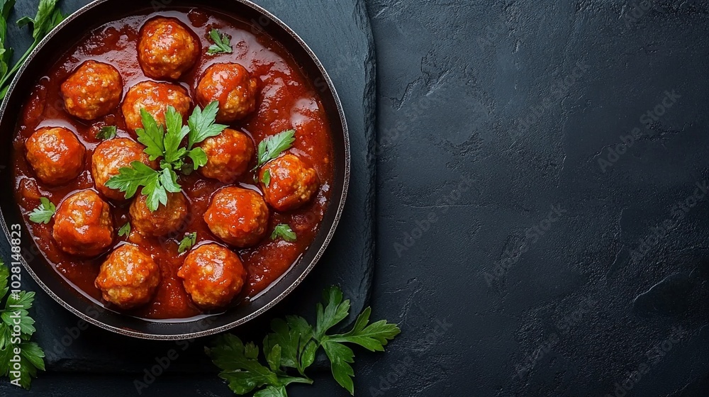 Succulent meatballs simmered in rich tomato sauce, garnished with fresh parsley. Served in a rustic bowl on dark background, perfect comfort food. Succulent meatballs simmered in rich tomato sauce, garnished with fresh parsley. Served in a rustic bowl on dark background, perfect comfort food.