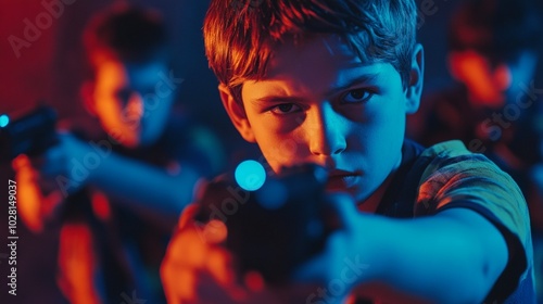 Young player in neon-lit laser tag arena aims futuristic gun, face illuminated by blue and red lights. Intense focus and determination visible as they engage in thrilling game.