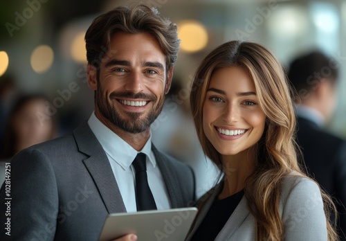 Happy couple smiling at office