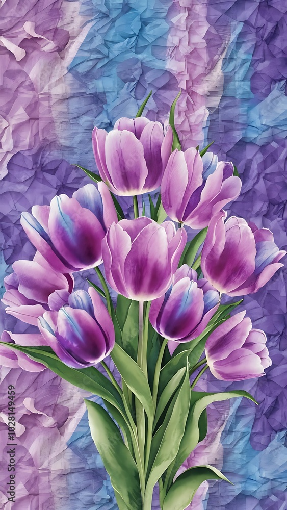 Obraz premium Purple and blue tulips watercolor illustration set. Seamless background pattern. Fabric wallpaper print texture.
