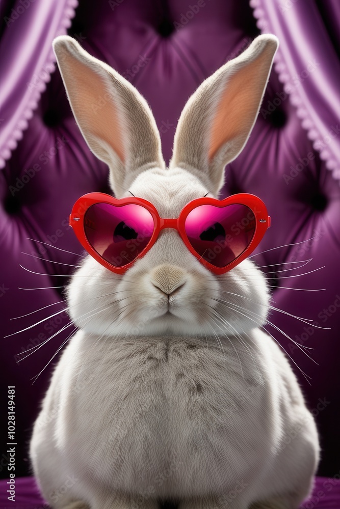Fototapeta premium Rabbit with pink heart-shaped sunglasses seated before purple throne