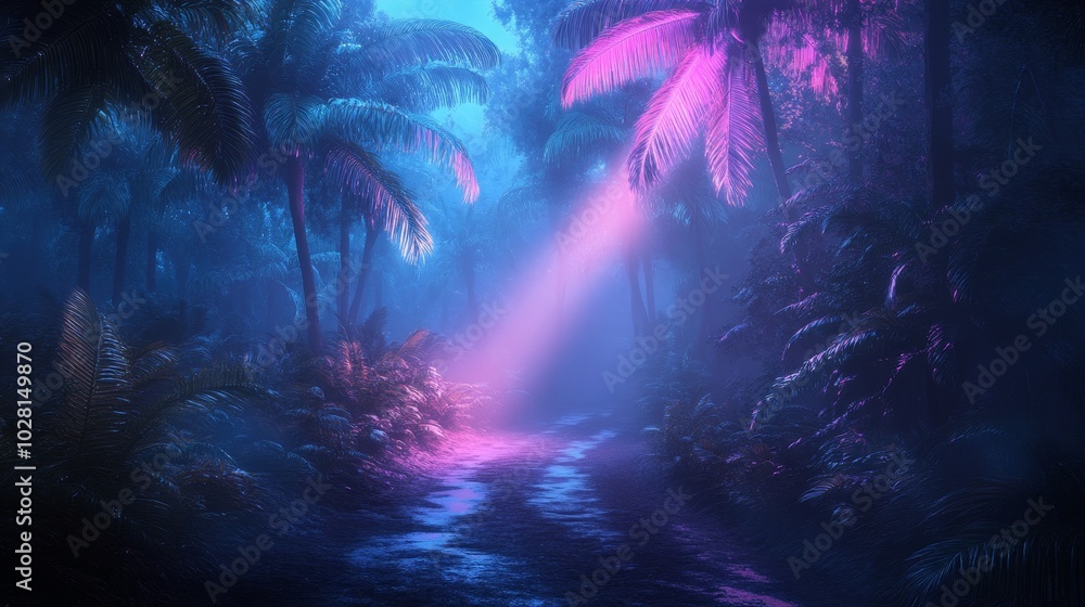 Enchanted Neon Forest Path with Misty Palms and Hyper-Realistic Atmosphere Enchanted Neon Forest Path with Misty Palms and Hyper-Realistic Atmosphere