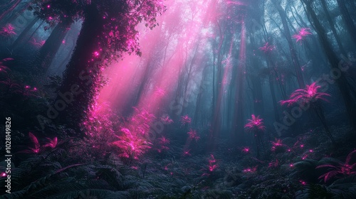 Wallpaper Mural Enchanted Jungle Mist: Moody Landscape with Neon Lights in Dense Forest Torontodigital.ca
