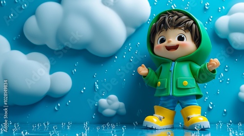 Charming Boy Character in Green Raincoat Surrounded by Clouds
