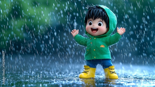Charming Young Boy in Green Raincoat Enjoying Rain