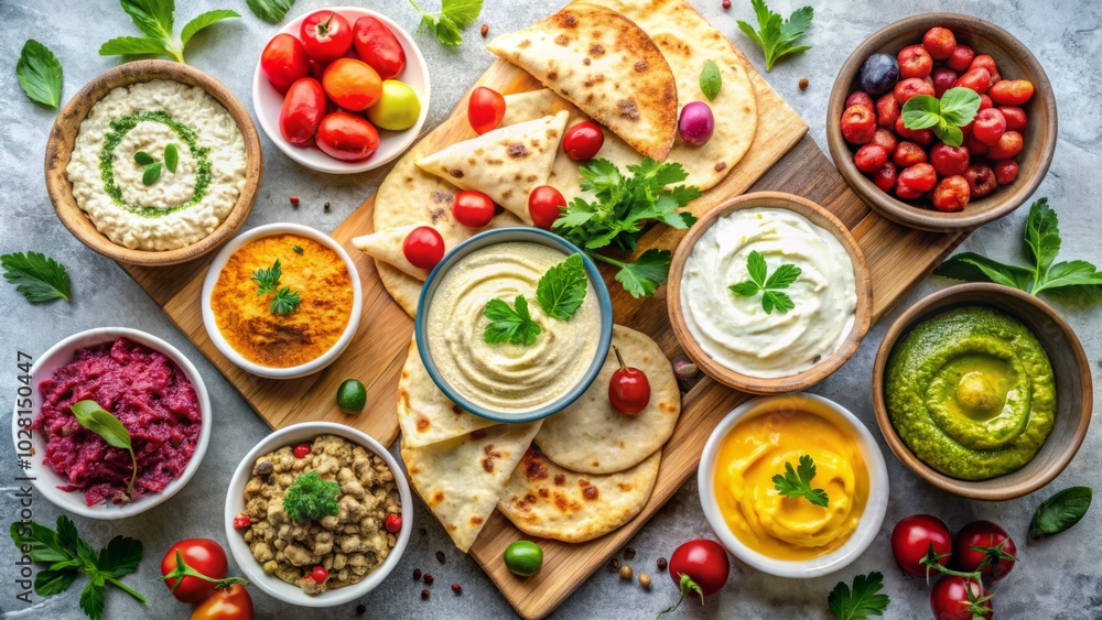Fresh Pita Bread with Dips on White Stone Board - Drone Photography, Top View, Mediterranean Cuisine, Healthy Snack, Appetizer, Food Presentation, Gourmet Platter, Delicious Dips Fresh Pita Bread with Dips on White Stone Board - Drone Photography, Top View, Mediterranean Cuisine, Healthy Snack, Appetizer, Food Presentation, Gourmet Platter, Delicious Dips
