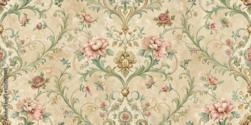 A delicate and intricate floral pattern with swirling tendrils and pastel blossoms against a warm cream background.