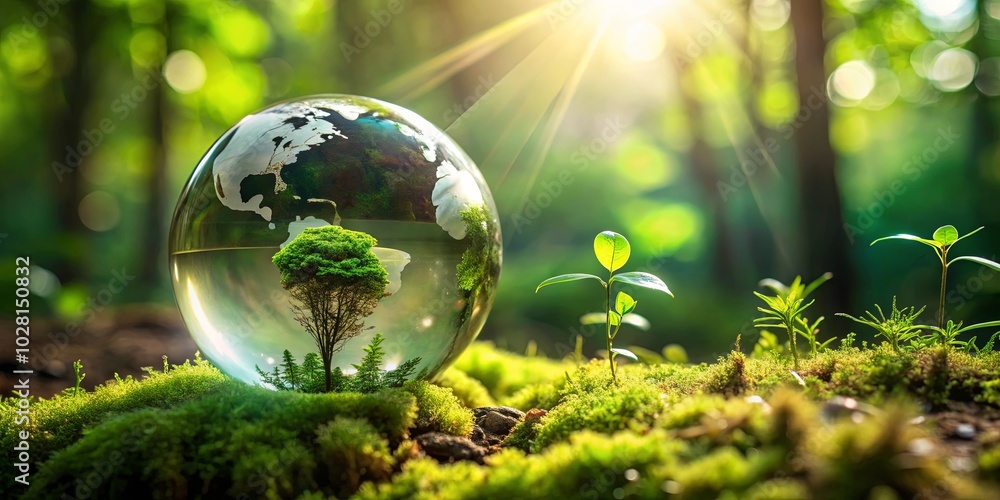 A Glass Globe Encapsulating a Tree with a World Map Reflection, Resting on a Bed of Moss and Young Saplings, Basking in the Warm Light of a Sunbeam A Glass Globe Encapsulating a Tree with a World Map Reflection, Resting on a Bed of Moss and Young Saplings, Basking in the Warm Light of a Sunbeam
