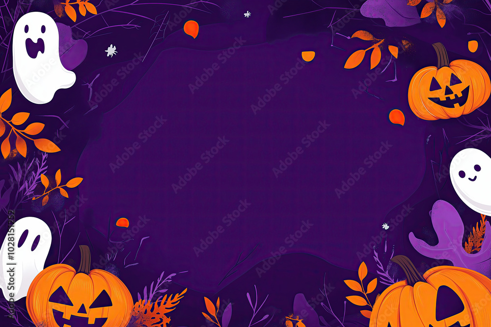 Spooky Halloween Border: A festive Halloween background with a purple gradient and a whimsical border of pumpkins, ghosts, and leaves. Perfect for adding a spooky touch to your designs. Spooky Halloween Border: A festive Halloween background with a purple gradient and a whimsical border of pumpkins, ghosts, and leaves. Perfect for adding a spooky touch to your designs.