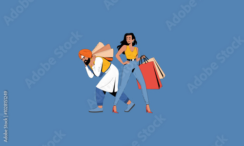 Man carrying heavy shopping bags for a woman.