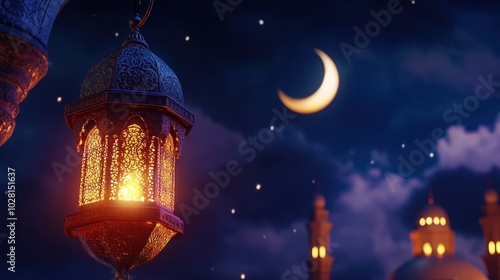 Islamic Lantern with Crescent Moon and Stars photo