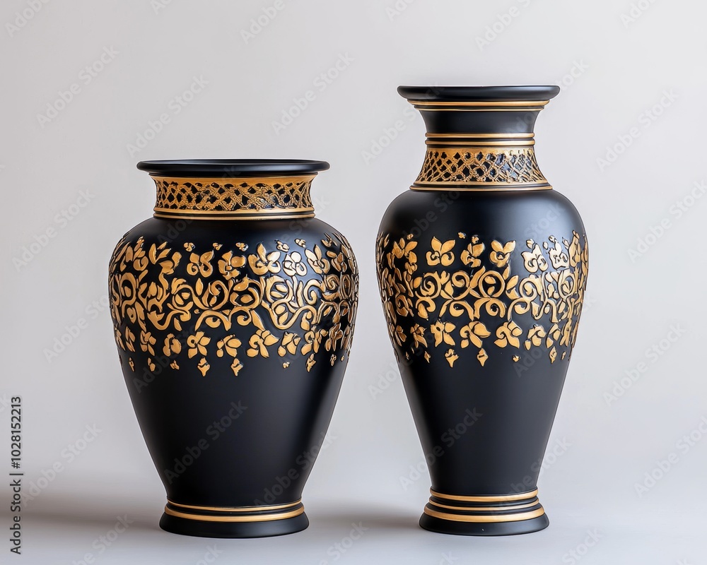 Elegant Metal Vases with Intricate Gold Patterns Elegant Metal Vases with Intricate Gold Patterns