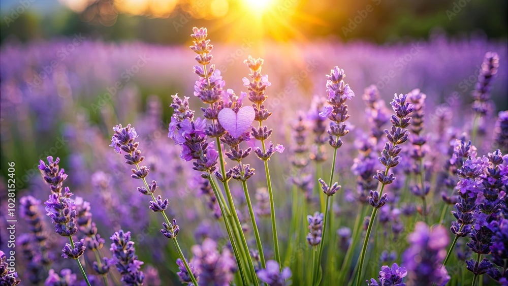 Obraz premium A Heart-Shaped Petal Adorned Among a Field of Lavender Flowers Bathed in the Golden Light of the Setting Sun