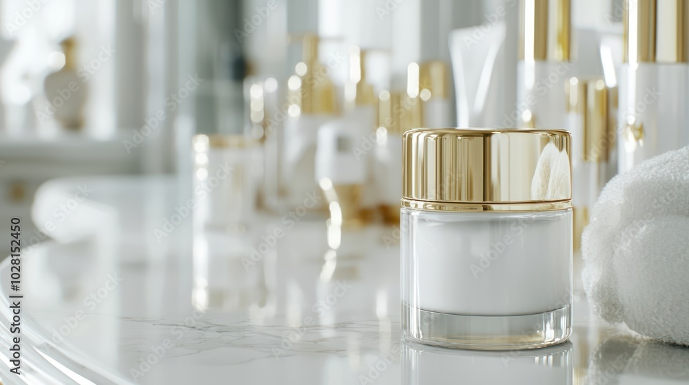 Luxurious Vanity Table with High-End Skincare Bottles, Gold Accents, and Soft Ambient Lighting for Beauty Routine Luxurious Vanity Table with High-End Skincare Bottles, Gold Accents, and Soft Ambient Lighting for Beauty Routine