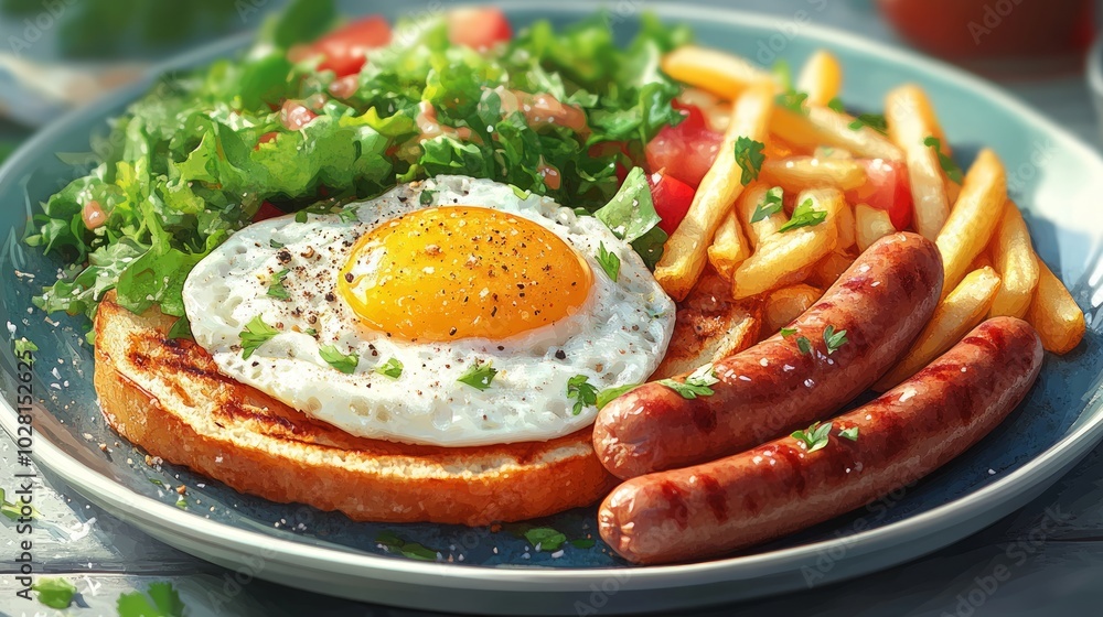 Tasty brunch with grilled sausages and eggs. Tasty brunch with grilled sausages and eggs.
