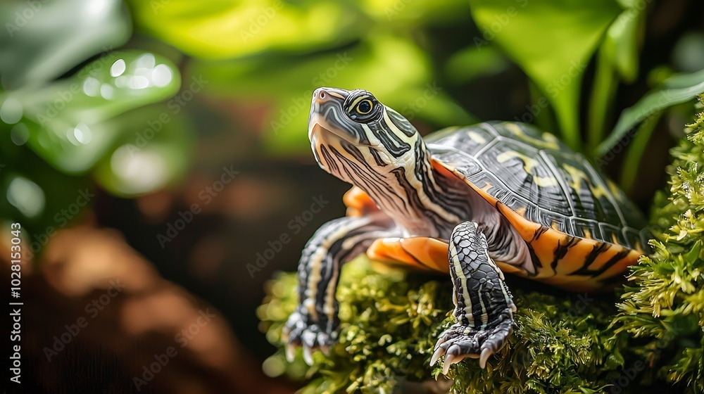 Turtle Basking Under Warm Light in Minimalist Setting Turtle Basking Under Warm Light in Minimalist Setting