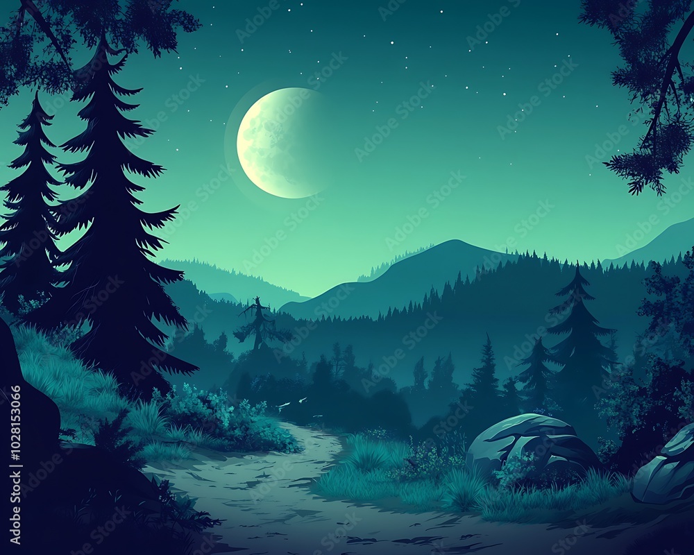 Fototapeta premium Illustration - Mysterious Forest at Night with Moonlight and Dark Hills