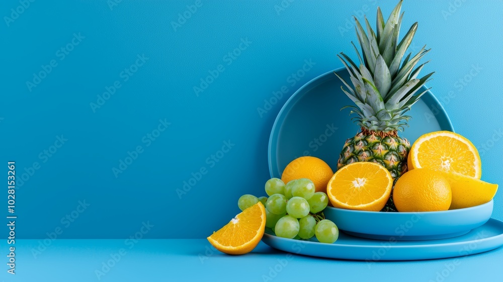 Vibrant Artistic Fruit Display with Oranges and Grapes Vibrant Artistic Fruit Display with Oranges and Grapes