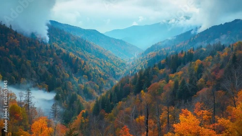 Smoky Mountains Autumn: A serene vista of the Smoky Mountains, showcasing a breathtaking panorama of vibrant autumn foliage, shrouded in a mystical mist.