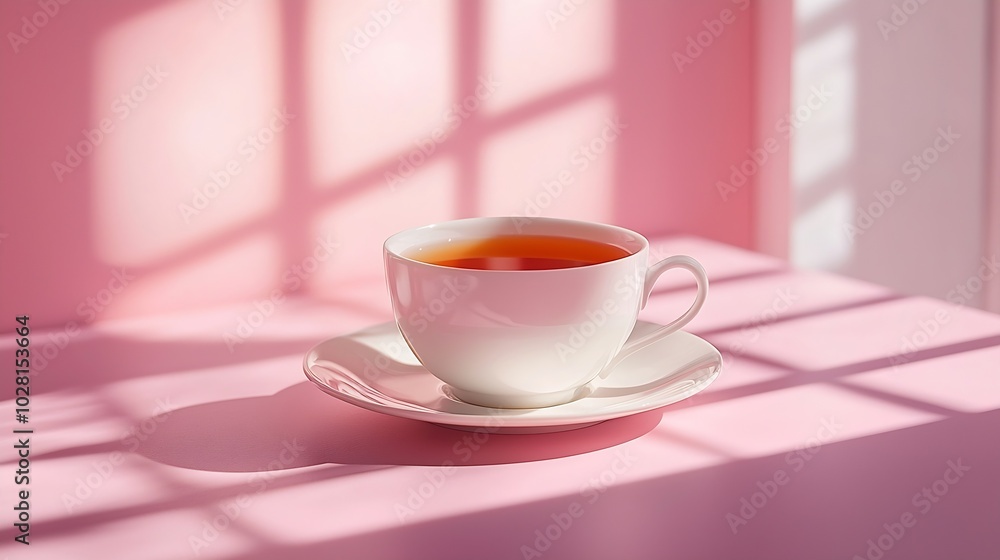 Tea in white cup on pink background Close up : Generative AI Tea in white cup on pink background Close up : Generative AI