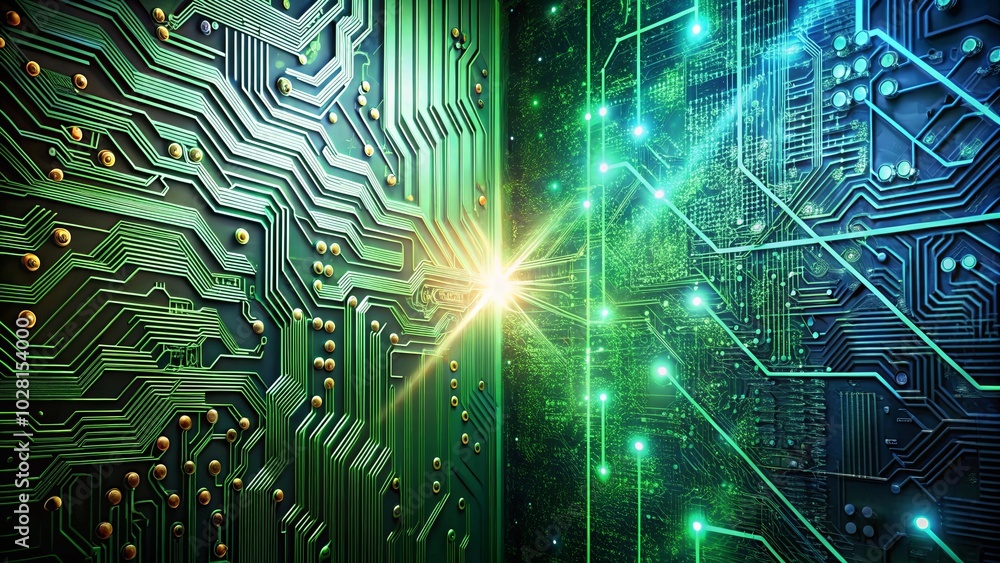Fototapeta premium A digital circuit board with a luminous glow emanating from the center, connecting two distinct regions of intricate pathways and nodes.