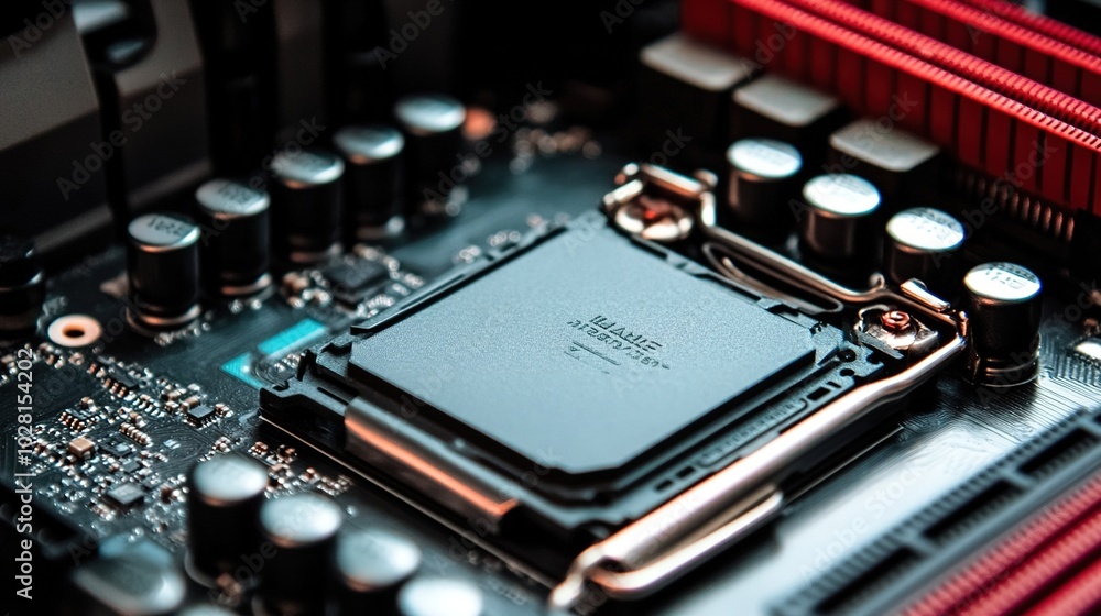 A close-up view of a modern processor, showcasing its intricate circuit design and fine details. The processor is displayed in high-definition, emphasizing its metallic surface, tiny pins, and sleek A close-up view of a modern processor, showcasing its intricate circuit design and fine details. The processor is displayed in high-definition, emphasizing its metallic surface, tiny pins, and sleek