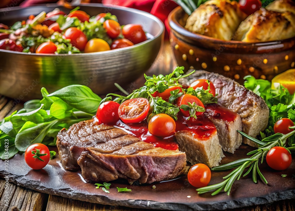 Juicy Steak with Tomato Sauce, Fresh Salad, and Bread on Plate - Delicious Macro Food Photography Juicy Steak with Tomato Sauce, Fresh Salad, and Bread on Plate - Delicious Macro Food Photography
