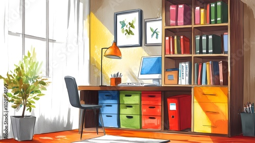 A Watercolor Painting of a Home Office with a Desk, Chair, Bookcase, and Plants