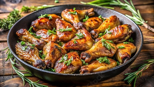 Golden Roasted Chicken Legs, Adorned with Fresh Herbs in a Rustic Cast Iron Pan