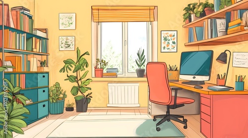 A Home Office with a Computer Desk, Bookshelves, and Plants