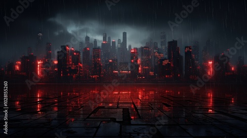 Fototapeta Naklejka Na Ścianę i Meble -  Cyberpunk city skyline at night with a dark sky and rain
