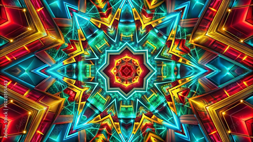 An abstract kaleidoscope of vibrant hues and geometric patterns, featuring a central star shape surrounded by a complex array of interlocking shapes. An abstract kaleidoscope of vibrant hues and geometric patterns, featuring a central star shape surrounded by a complex array of interlocking shapes.