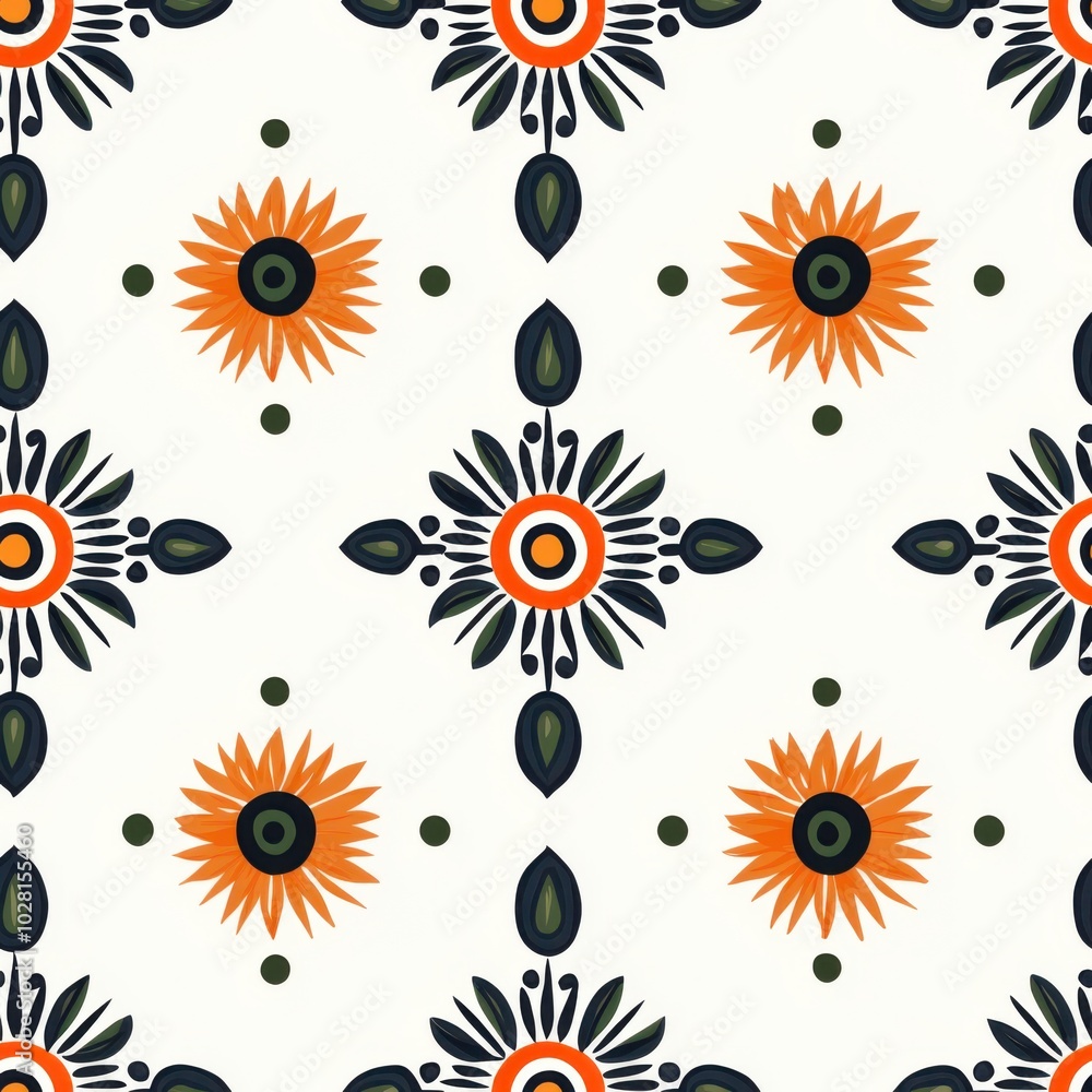 Fototapeta premium Geometric Floral Pattern with Orange and Green Sunflower Motifs, Symmetrical Arrangement on a Light Background, Modern Decorative Design with Leaf Accents