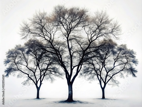 Long Exposure Tree Silhouettes Against White Background for Stunning Nature Photography, Black Shapes Capturing Tranquility and Serenity in Minimalist Art Style