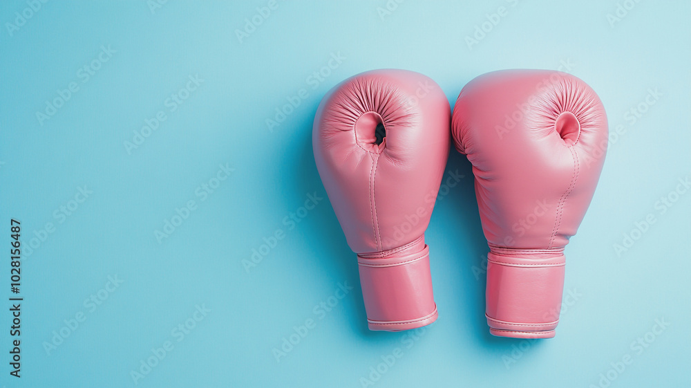 Pink boxing gloves resting against a blue background on a calm Boxing Day afternoon Pink boxing gloves resting against a blue background on a calm Boxing Day afternoon