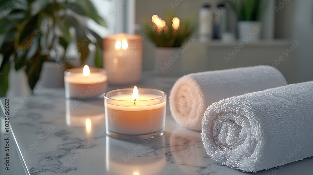 Scented candles and towels Spa salon set on marble table White background Copy space : Generative AI Scented candles and towels Spa salon set on marble table White background Copy space : Generative AI