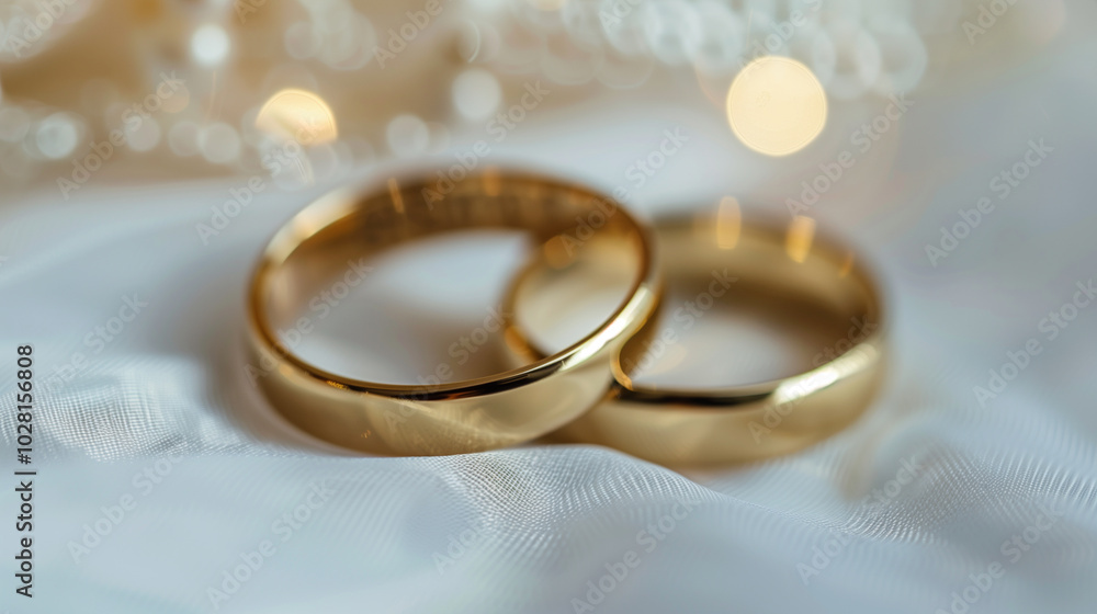 Close-up of two gold wedding rings resting on delicate white fabric with soft bokeh lighting Close-up of two gold wedding rings resting on delicate white fabric with soft bokeh lighting