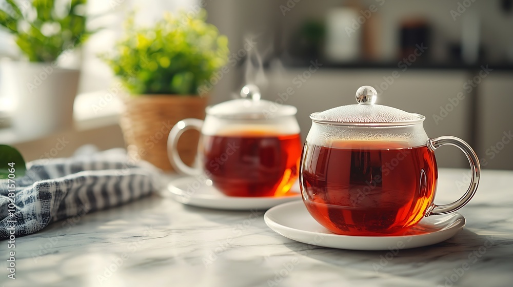 Tea in mugs with teapot on marble table White background Copy space : Generative AI Tea in mugs with teapot on marble table White background Copy space : Generative AI