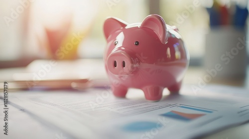 Wealth Management Concept with Shiny Pink Piggy Bank on Bank Statement Amid Financial Reports in Daylight