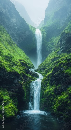 Serene waterfall cascading in a forest.