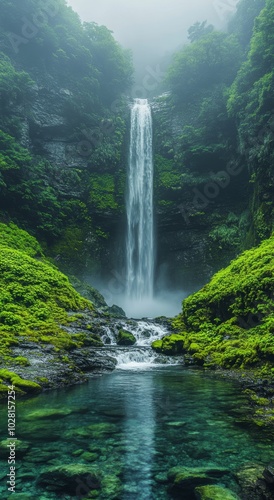 Peaceful natural scene with a tall waterfall.