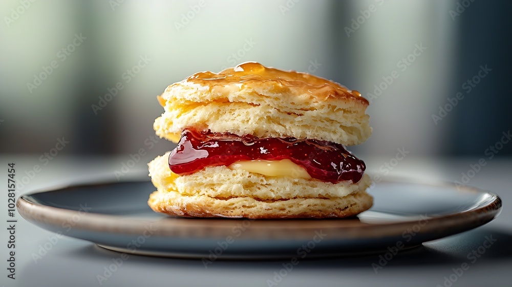 Scone with jam and butter on plate Blue background : Generative AI Scone with jam and butter on plate Blue background : Generative AI