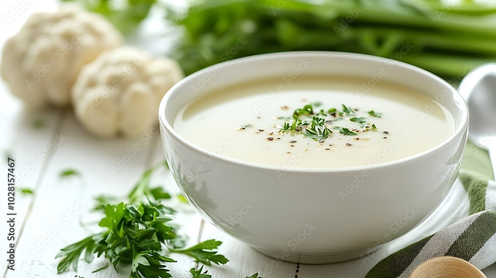 Cauliflower soup on a white background Healthy food : Generative AI Cauliflower soup on a white background Healthy food : Generative AI