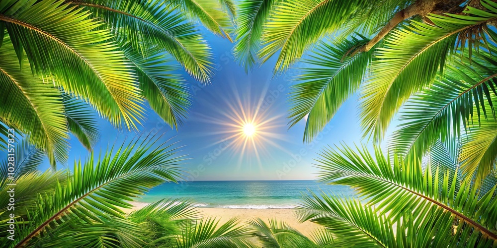 Naklejka premium A tropical paradise framed by lush palm fronds, revealing a serene blue ocean, a sandy beach, and a radiant sun beaming through the leaves.