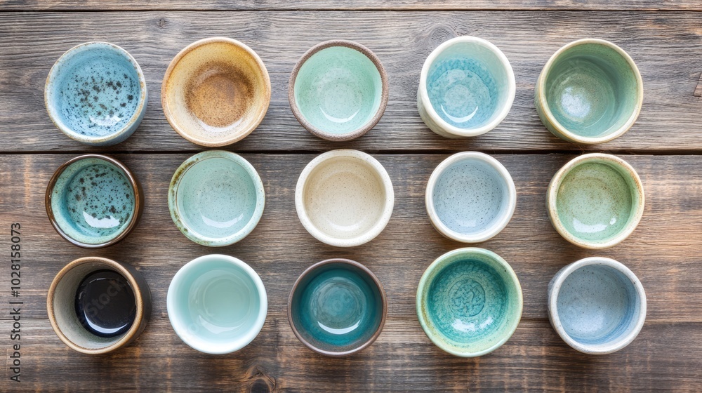 Colorful Ceramic Bowls Displayed on Wooden Table Colorful Ceramic Bowls Displayed on Wooden Table