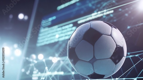 Dynamic digital concept of a soccer ball with a web browser interface flying over it. This modern and abstract design symbolizes the fusion of sports and technology, perfect for illustrating online 