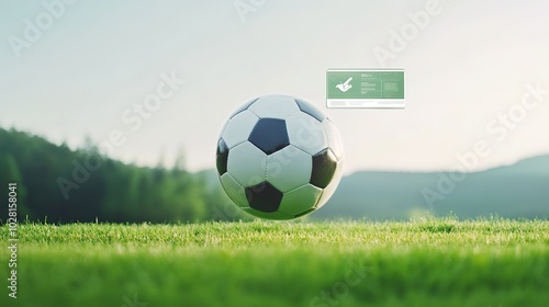 Dynamic digital concept of a soccer ball with a web browser interface flying over it. This modern and abstract design symbolizes the fusion of sports and technology, perfect for illustrating online 