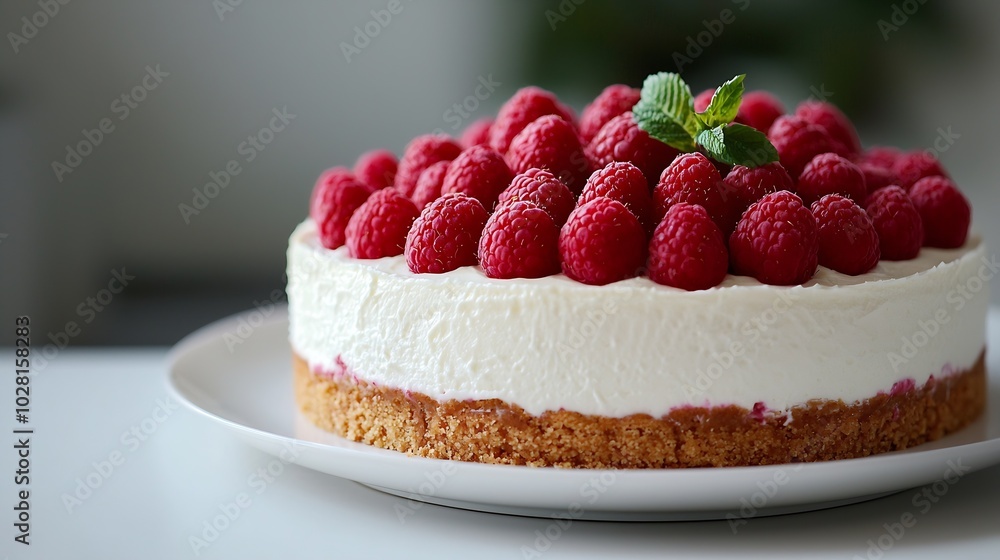 Cheesecake with fresh raspberries on a white plate : Generative AI Cheesecake with fresh raspberries on a white plate : Generative AI